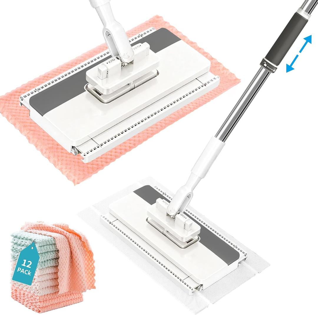 Snap Grip Flat Mop, Clamp Mop Any Cloth, Telescopic Wet Dry Hardwood Tile