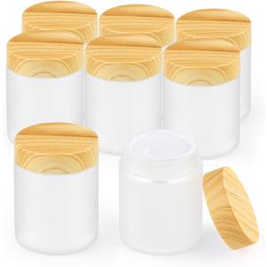 8 Pcs 3.4 Oz Frosted Glass Jar,Empty Refillable Glass Cosmetic Container Jars Holder with Inner liner,Wood Grain Lid for Moisturizer,Foundation,Lotion,Cream,Ointment,Candle Making
