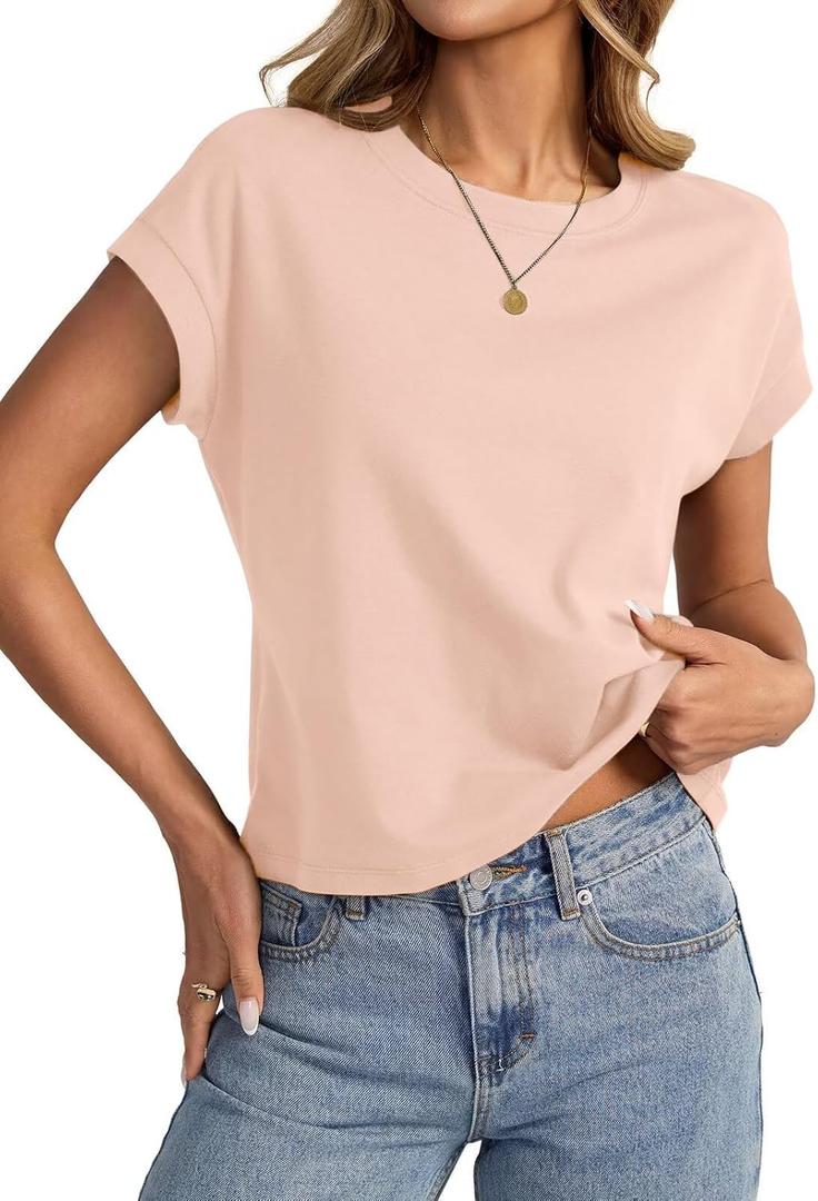 Womens Cap Sleeve T Shirts Crewneck Loose Fit Crop Tops 2026 Summer Casual Tee Fashion Trendy Clothes, XL