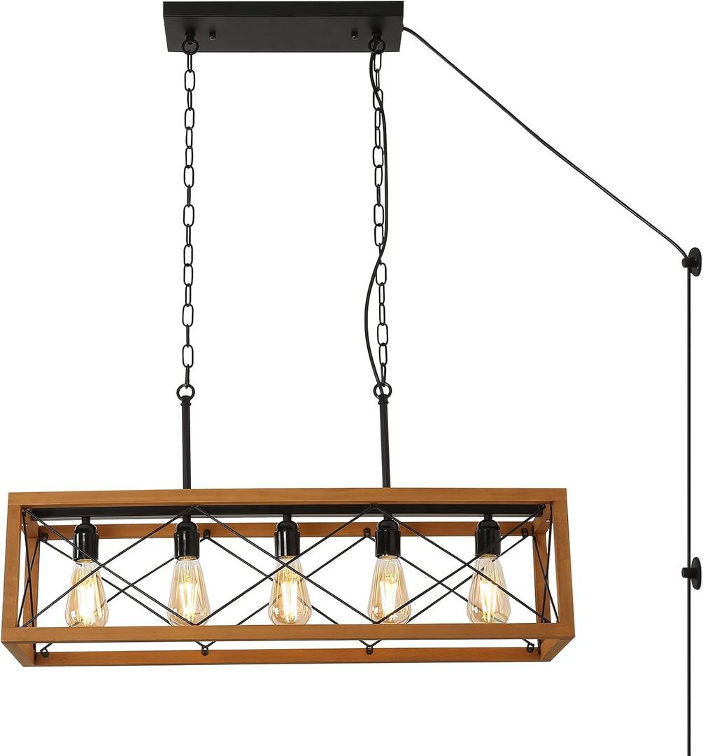 Industrial Pendant Lamp-5 Lights E26 Socket with Plug in Cord Rectangle Chandelier Wood Metal Kitchen Island Hanging Pendant Lighting Farmhouse Black Vintage Ceiling Lamp for Dinner Room-No Bulbs