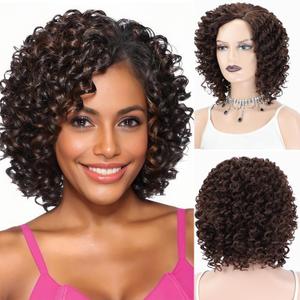 XIUFAXIRUSI XIUFAXIRUSI Curly Afro Wigs for Black Women Short Synthetic Mixed Brown Curly Wig Natural Soft Heat Resistant Glueless African American Afro Loose Curls wigs