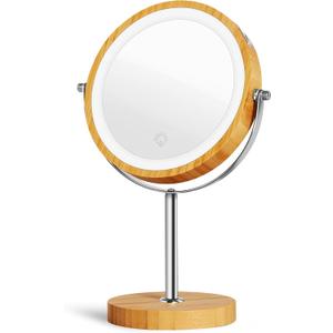 8" Lighted Makeup Mirror with Bamboo Stand, 1X/10X Double Sided Magnifying Vanity Mirror with Lights, 3 Colors Dimmable Lightning, Gifts for Women Mom Teen Girls (Round Base-yellow)