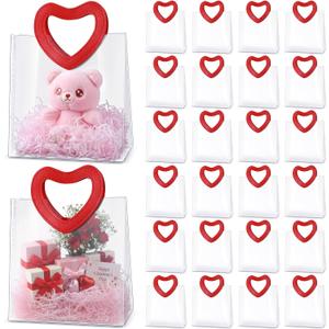 Tosstuki 24 Pcs Valentine's Day Clear Plastic Gift Bag with Heart Handle, Reusable Frosted Transparent Valentines Goodie Bag for Anniversary Engagement Wedding Birthday (8.3 x 8.7 x 4.3 Inch,Red) (1 count (Pack of 24))
