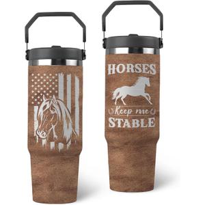 Horse Gifts - Horse Tumbler 30oz with Handle Lid – Equestrian Gifts – “Horses Keep Me Stable” Stainless Steel Travel Tumbler – Birthday & Mothers Fathers Day Gift for Horses Lovers