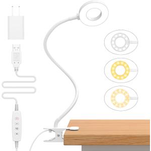 iZELL Reading Light, USB Clamp Lamp for Child Reading Book in Bed at Night, LED Small Desk Lamp with Silicone Adjustable Arm Clip on Beside Table for Studying Working Drafting Sewing - 15.8 White