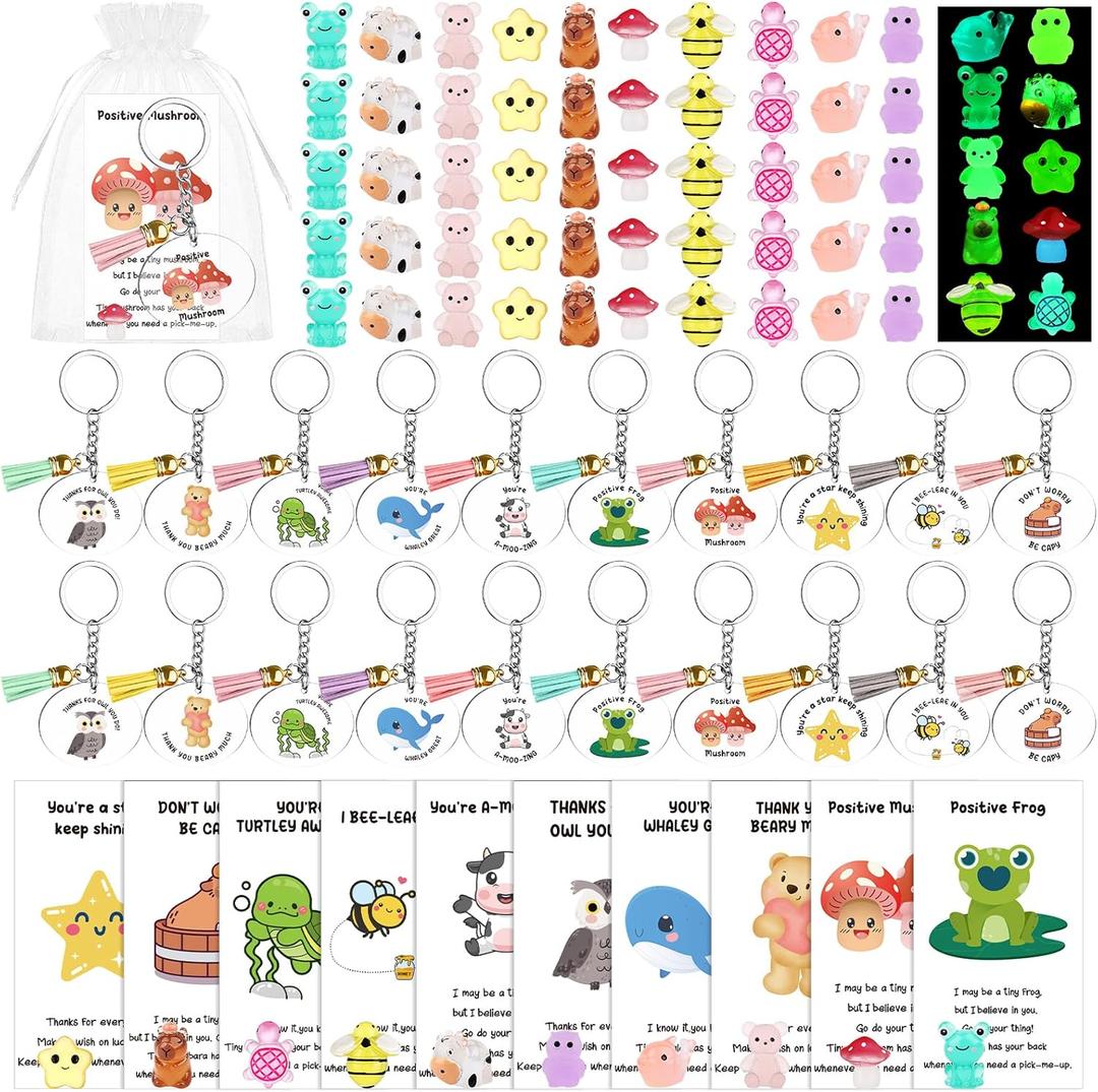 50 Set Inspirational Gifts Bulk Thank You Gift Luminous Resin Animals Inspirational Cards Motivational Keychain Organza Bags Staff Employee Appreciation Gifts Pocket Favors for Teacher Nurse Coworkers