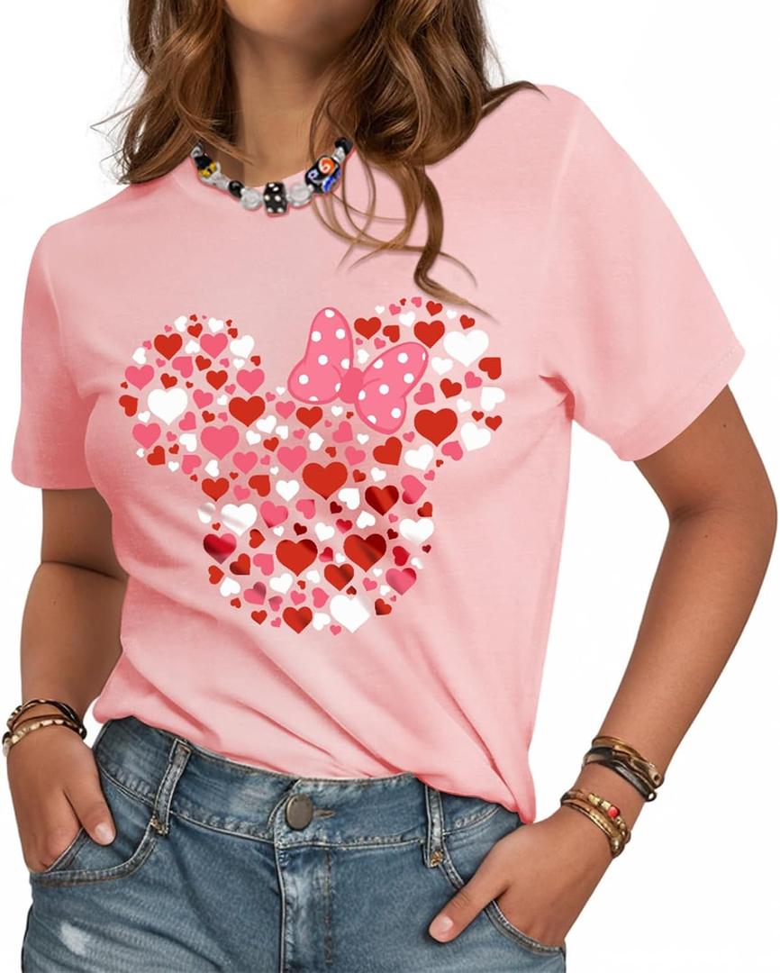 Holiday T-Shirt for Women - Valentines Funny Graphic Tee Crewneck Sleeve Top Print Tops (Pink, L)