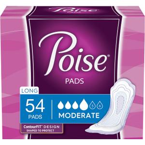 Poise Incontinence Pads, Moderate Absorbency, Long, 54 Count (Pack of 2)