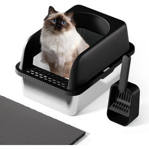 Stainless Steel Cat Litter Box with Lid, 20" L x 14.2" W x11.8 H, Large Cat Litter Box for Multiple Cats with High Sided, No-Leak & Stick, Easy to Clean, Includes Litter Mat & Multi Functional Scoop