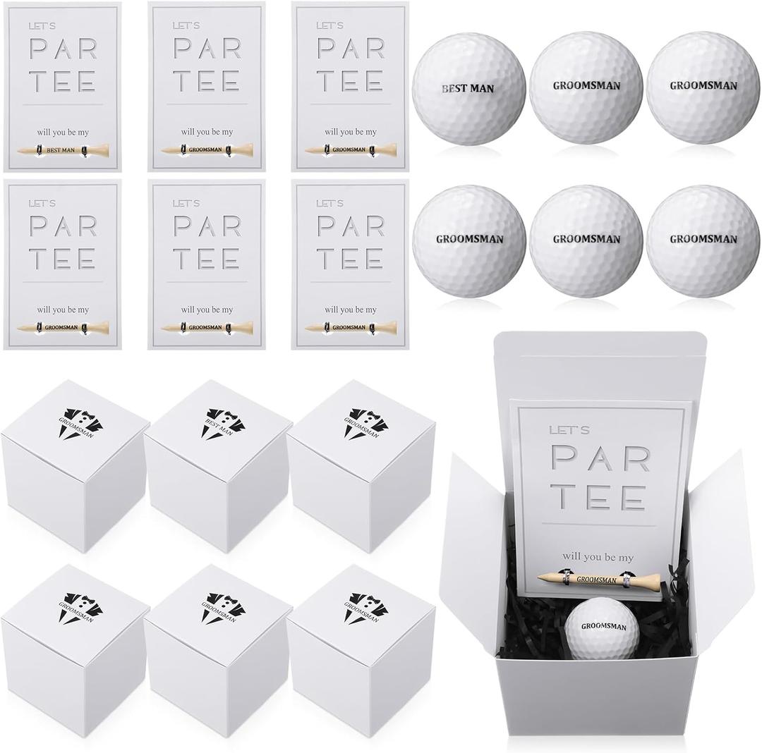 6 Sets Groomsman Proposal Gift Box With Golf Ball, Bamboo Tees, Invitation Cards - Accessories for Wedding, Best Men, DIY - Black, White