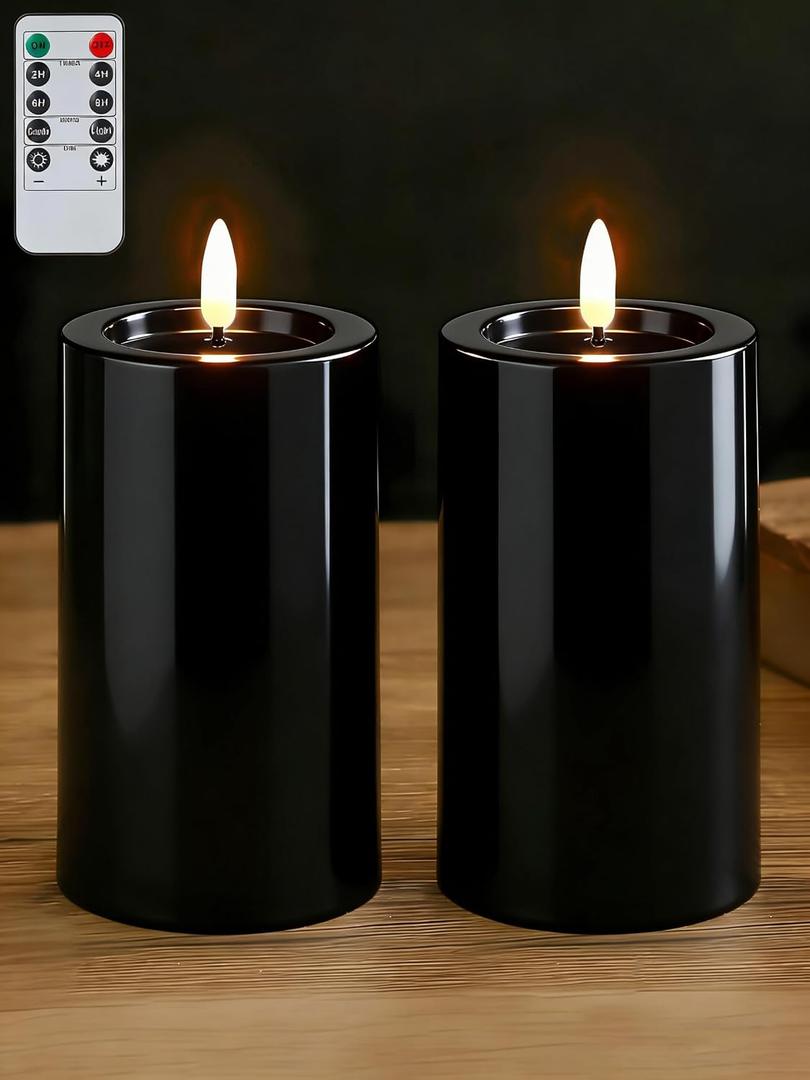 Gmnee 3"x4" Outdoor Waterproof Flameless Candles with Remote Timers Plastic | 2 Pack Battery Operated Candles, LED Candles, Electric Fake Pillar Candles for Patio, Porch, and Lanterns Decor (Black)