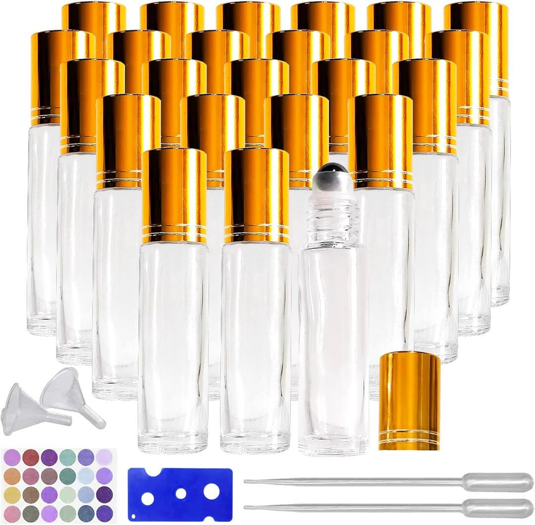 24Pack Essential Oil Roller Bottles 10ml Clear Glass Roller Bottles with Stainless Steel Roller Balls Leak Proof Roll on Bottles for Travel Perfume Essential Oil