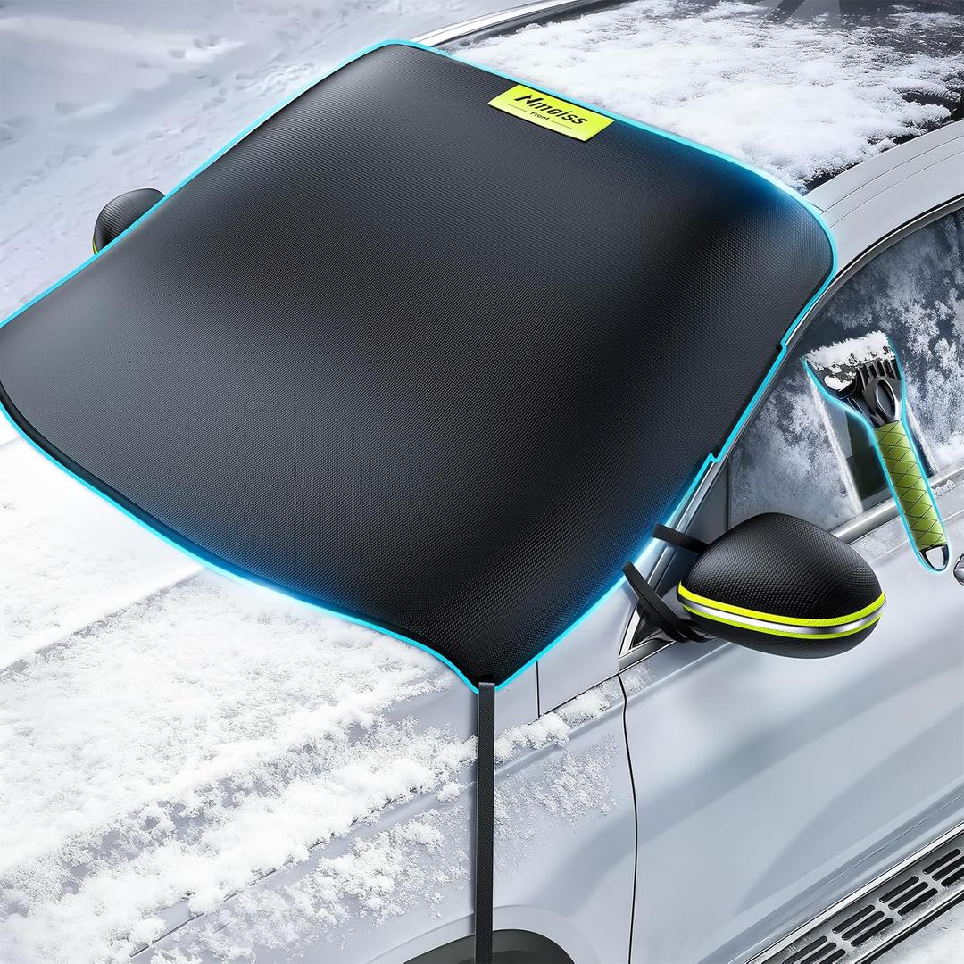 Nmoiss-3-in-1 Windshield Snow Cover for Ice & Snow Frost  600D Heavy Cover & Ice Scraper Complete Winter Protection with 360 Windproof Design and Multi-Layer Winter Car Kit for Cars, Trucks, SUVs (Medium)