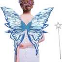 Fairy Wings for Adults Women 31.5"x29.5" Fairy Costume Set Large Butterfly Wings for Halloween Party (Blue)