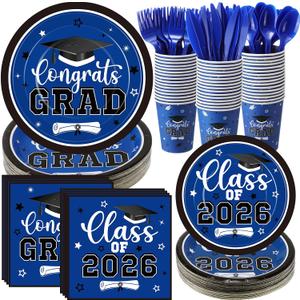 Funnymoom 400 Pcs Graduation Party Supplies Class of 2026 Graduation Paper Plate Napkin Cup Cutlery Congrats Grad Disposable Tableware Set for Grad Party Decorations, Serve 50 (Blue, White)