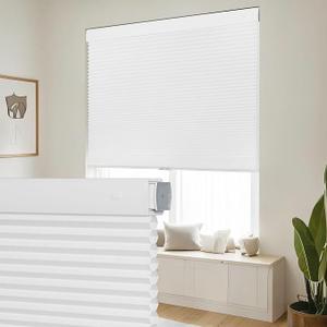 SEEYE No Drill Cordless Cellular Shades, Light Filtering Honeycomb Blinds for Indoor Window, Thermal Insulated Noise Reduction, Easy Install for Bedroom, Living Room, Office, White (34" W x 64" H)