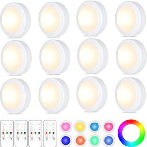 Yiliaw 12 Pack LED Puck Lights Remote Control 16 Color Changeable Under Cabinet Lights, Battery Operated Lights Night Light with Dimmer & Timmer for Closet Bedroom Kitchen, White
