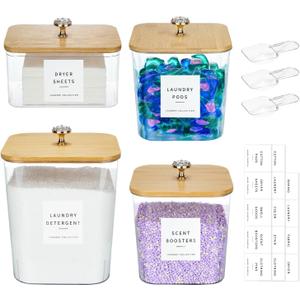 POLRAI 4 Pack Laundry Pod Containers and Dryer Sheet Holder, Laundry Room Organization Storage Containers with Lids and Labels for Detergent Pods Dry Sheet Organizing
