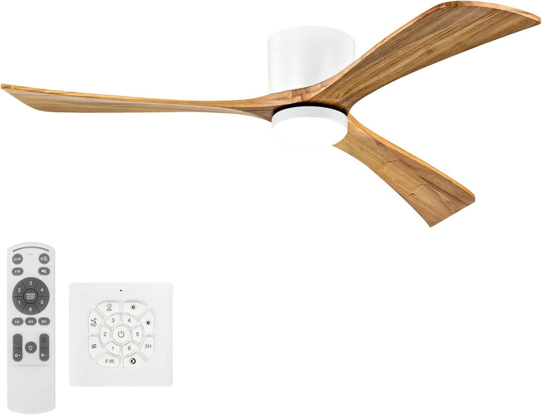Ceiling Fans with Lights 52 Inch Flush Mount, Wood Blade, LED Dimmable DC Reversible Modern Ceiling Fan with Remote Control for Bedrooms, Living Rooms, Patio, White