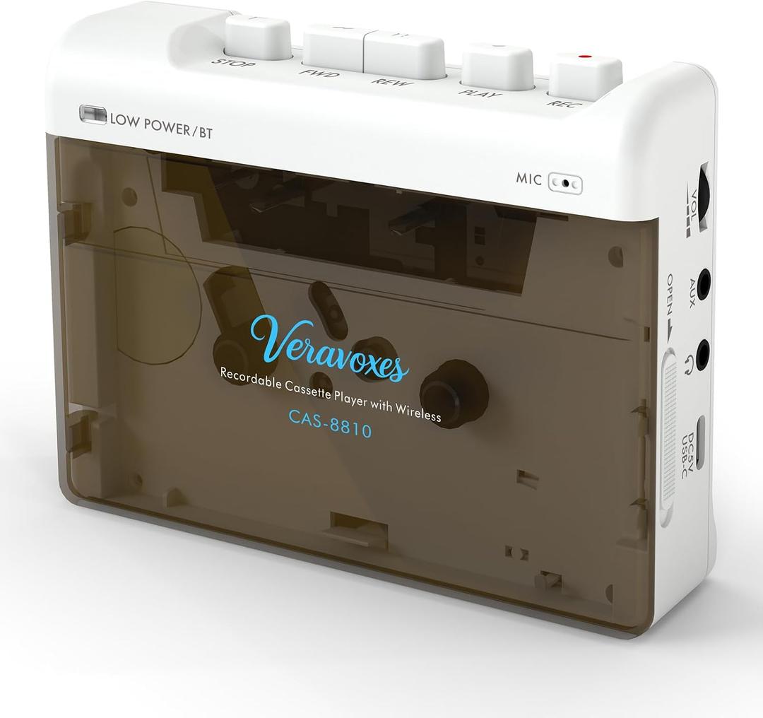 Portable Bluetooth Cassette Tape Player, Cassette Player Recorder,Equipped with Headphone and AUX Ports, Support AUX Line in Record,Built-in Microphone, Powered by DC or AA Battery (White)