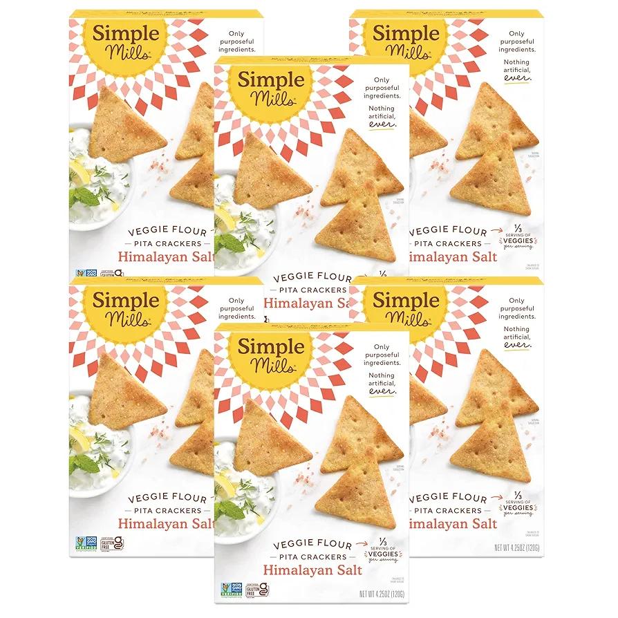 Simple Mills Veggie Pita Crackers, Himalayan Salt - Gluten Free, Vegan, Healthy Snacks, Paleo Friendly, 4.25 Ounce (Pack of 6)