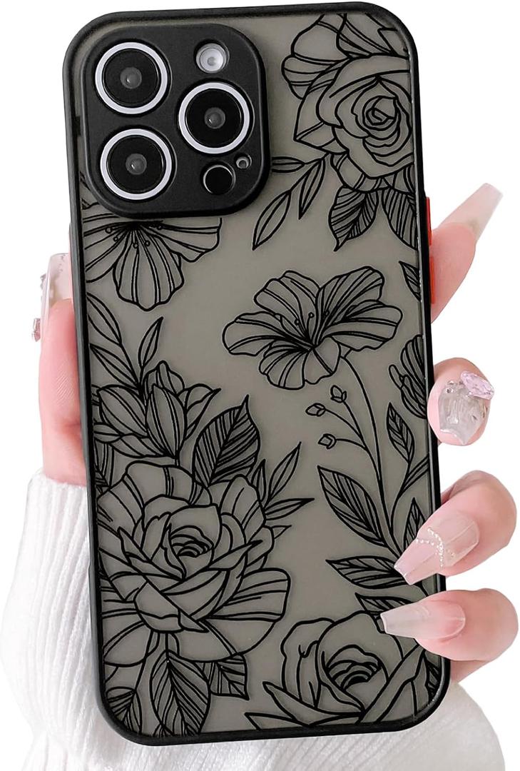 NITITOP Compatible for iPhone 16 Pro Case Cute Clear Flower - Black