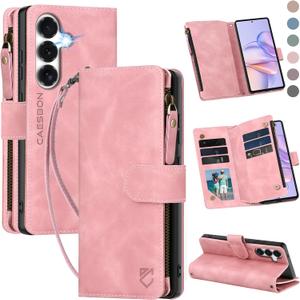 for Samsung Galaxy S26-Wallet Case: with RFID Blocking Card Slots (6 Cards) | Soft PU Leather Magnetic Snap Zipper Pocket | Crossbody Wrist Strap Protective Phone Cover - Pink