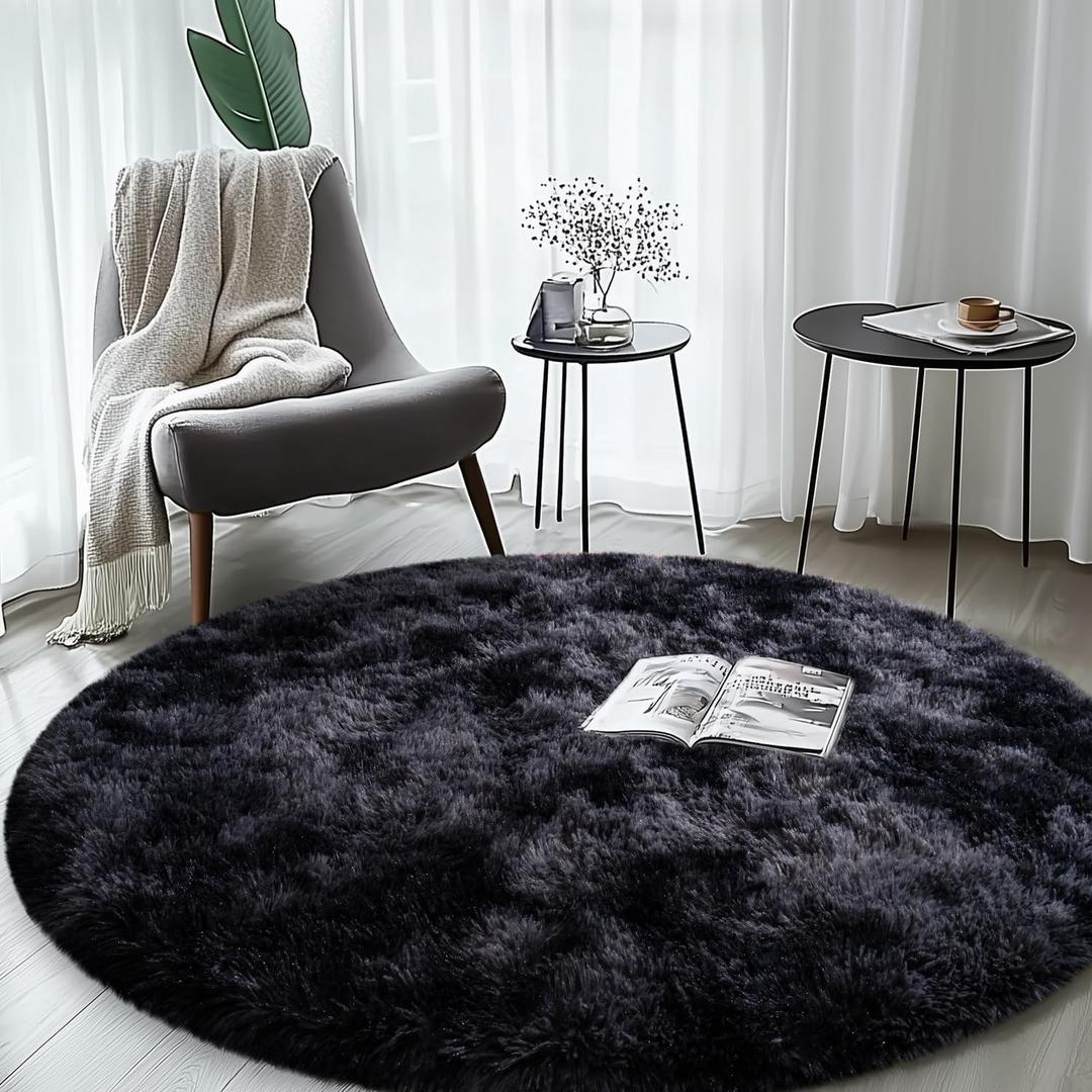 Round Shag Area Rugs for Living Room,Tie Dye Black Grey Soft Fuzzy Carpet,5'X5'Round Plush Rugs,Upgrade Anti-Skid Modern Furry Rugs Fluffy Carpets for Kids Room Tie Dye Black Grey 5Ft
