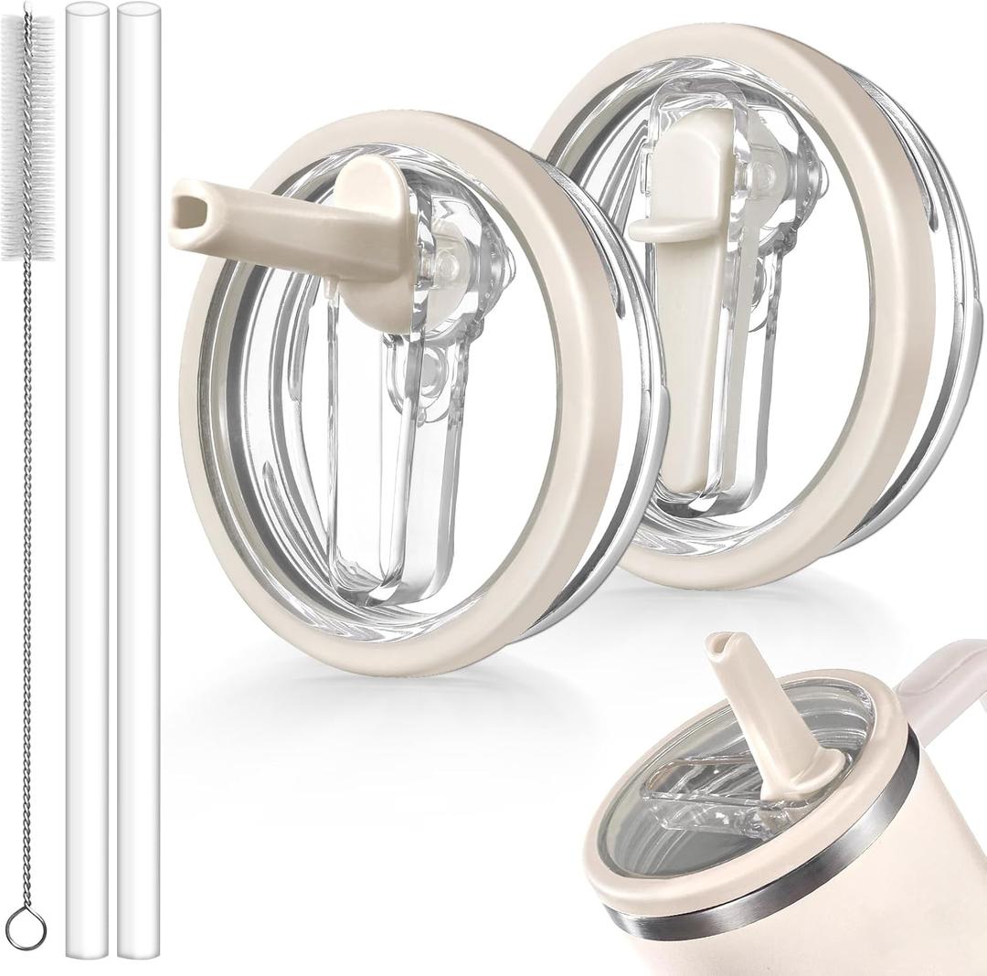 2 Pack Leakproof Lid Replacement 40 oz for Stanley Cup Accessories, Flip Straw Tumbler Leak Proof Lids for Stanley Quencher H2.0, Dust-Proof Straw Cover for stanley cups 40oz (Beige, Beige)