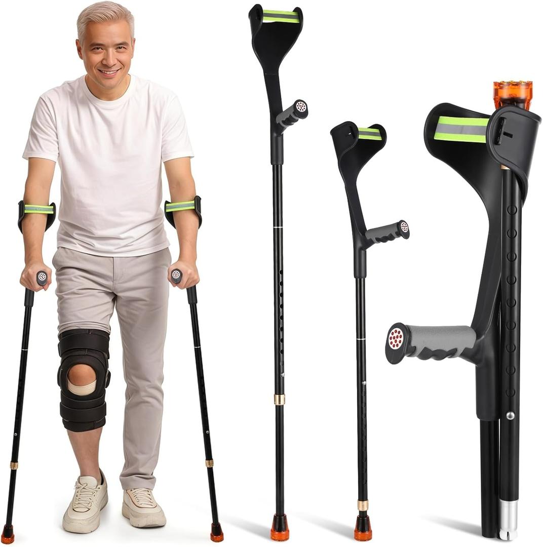 2 PCS Forearm Crutches for Adults, Folding Lightweight 10-Level Adjustable Aluminum Alloy Walking Crutches with Comfortable Grips & Cuffs, Reflective Safety, Anti-Slip Foot Pad, 330 LBS