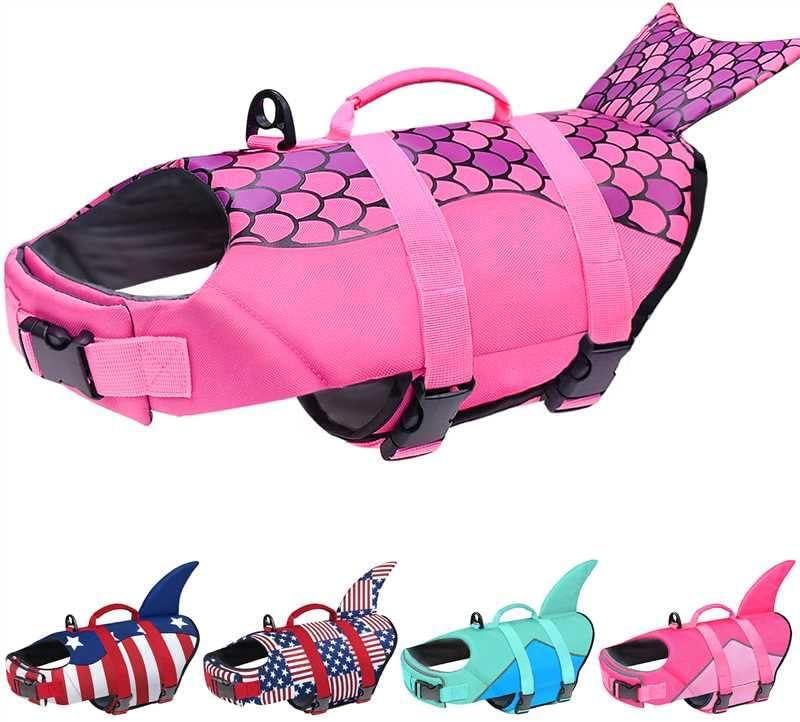 Malier Dog Life Jacket, Ripstop Dog Life Vest with High Buoyancy for Swimming Boating, High Visibility Shark Puupy Lifesaver for Small Medium Large Dogs (Pink #1, X-Large)
