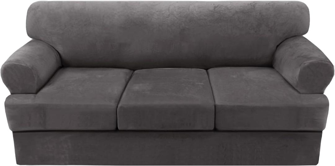 H.VERSAILTEX 4 Piece T Cushion Sofa Slipcovers Thick Velvet Stretch Couch Cover Furniture Protector for 3 Couch Covers with 3 Individual T Cushion Covers Washable, Grey