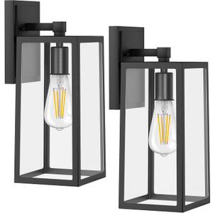PARTPHONER Outdoor Light Fixtures Wall Mount, Porch Light, Waterproof Exterior Light Fixture, Anti-Rust Wall Sconce with Clear Glass and Black Aluminum for Garage, Doorway-2 Pack