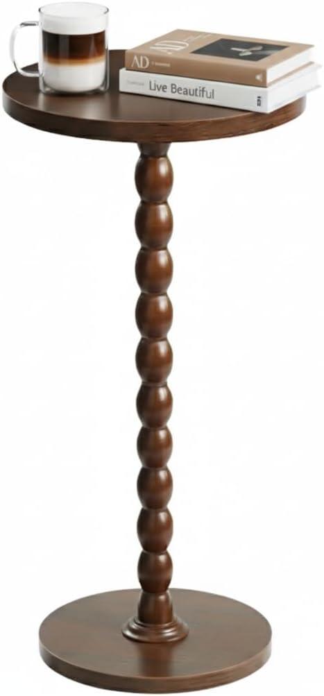 Modern Small Side Table for Living Room, Round Small Coffee Table with Solid Rubberwood Leg for Living Room, Bedroom, Accent Piece, Corner and Compact Nightstand in Walnut Finish