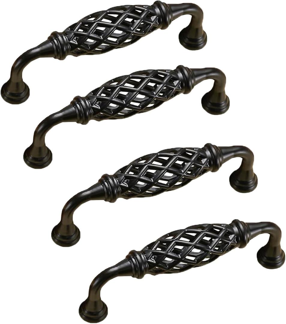 4PCS Birdcage Cabinet Hardware Handle Pull, Cast Iron Antique Door Handle Metal Barn Door Handle, Center Holes Handle for Kitchen Cupboard Bedroom Wardrobe Bathroom Drawer (96Black)