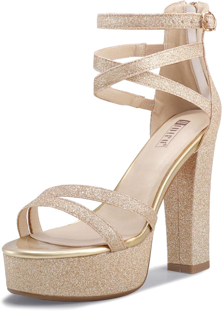 IDIFU Women's Platform Chunky High Heels Dress Sandals Open Toe Ankle Strap Strappy Wedding Bridal Party Dance Shoes For Women Bride (7.5, Gold)