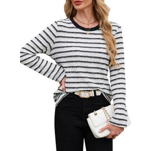 Blooming Jelly Womens Tops Striped Shimmer Long Sleeve Shirts Tweed T Shirt Dressy Casual Business 2026 Spring (Large)