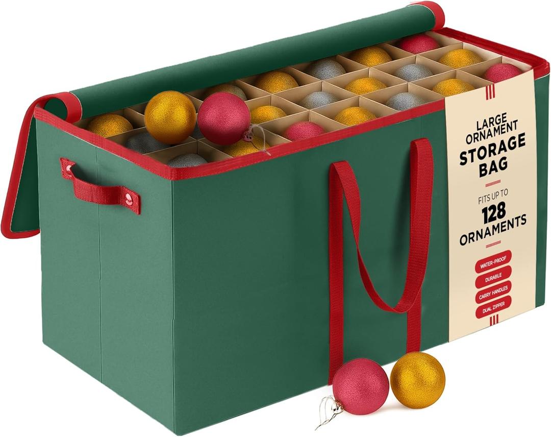 128 Ornament Storage Box, Adjustable Dividers, Stackable Holiday Ornament Organizer with Lid, Durable Fabric Bin for Christmas Decorations  Reinforced Handles, Dustproof, Space-Saving Design (Green)
