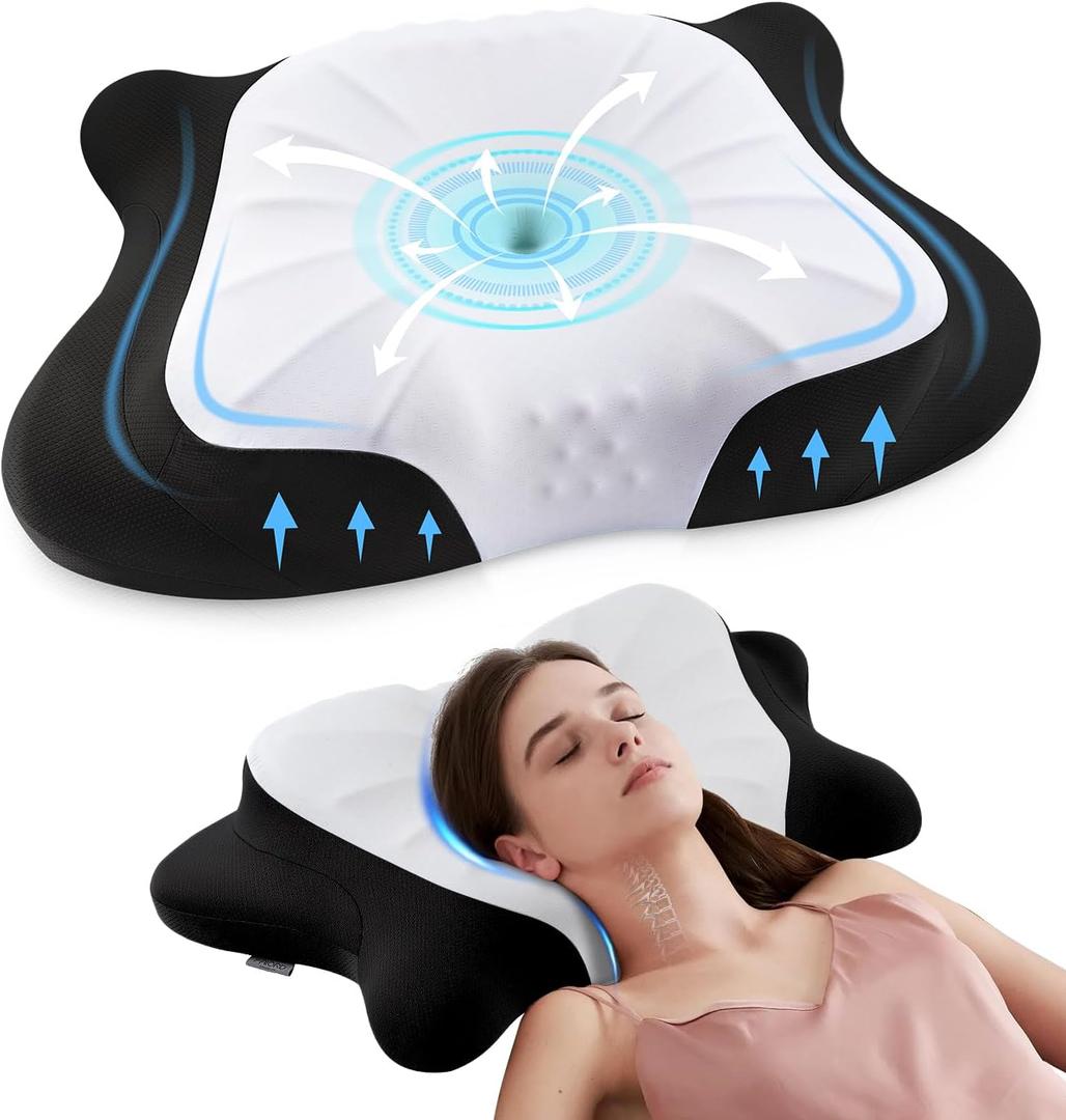 Cervical Memory Foam Contour Pillows for Neck and Shoulder Pain, Adjustable Support Side Sleeper Pillows with Cooling Pillow Cases, Bed Pillow for Back Stomach Sleepers Black (26.3814.965.12 inches)