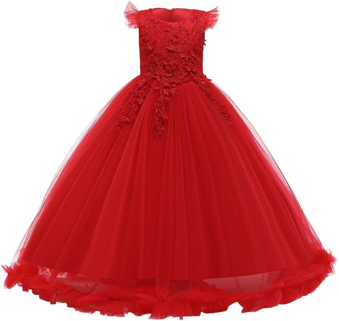 Girls Embroidery Flower Lace Long A Line Pageant Dress Floor Length Princess Prom Tulle Maxi Gown for Wedding Party Birthday (Red, S)