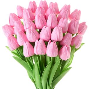 30 Pcs Pink Tulips Artificial Flowers Fake Tulips Fake Tulip Flowers Real Touch 13" Silk Flower for Bulk Home Kitchen Wedding Party Valentine's Mother's Decorations(Pink)