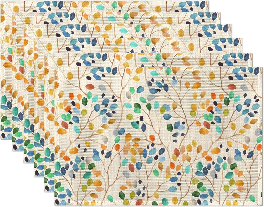 Leaves Placemats,Colourful Graffiti Table Mats Set of 6,12x18 Inch,Waterproof Oil-Proof Washable and Reusable Linen placemats Holiday Party Kitchen Table Decorations