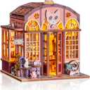 3D Book Nook DIY Kit with Batteries Light Glue Cat Cafe Theme Wooden Building Toy House for LED Magic Book Nook Lover Bookend Bookshelf DIY Miniature Gift for Adults