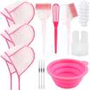 19PCS Hair Bleach Highlighting Kit with Hair Dye Brush and Bowl Set Color Whisk, Highlight Frosting Cap with Hook, Disposable Gloves Capes, Home Use Salon Tools for Hair Bleaching Coloring Dying (Pink)