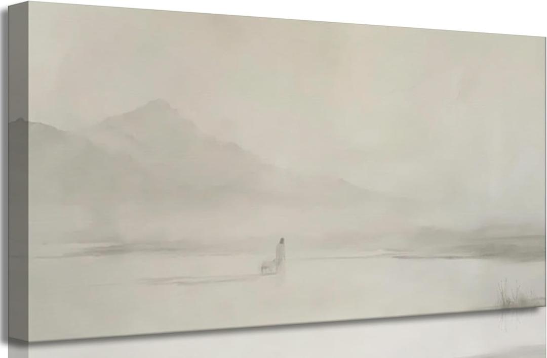 Jesus Leaves The 99 Sheep Canvas Wall Art Minimalist Beige Abstract Print Lost Sheep Wall Decor Picture Bible Stories artwork Christian Faith Painting for living room Home Church Decoration,32x16in (32L" x 16W")