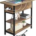 End Table with Charging Station, Flip Top Side Table with USB Ports and Outlets, 3-Tier Small Side Table with Storage for Small Space, End Tables for Living Room/Bedroom, Brown