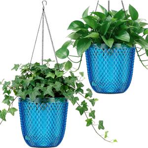 QCQHDU Self Watering Hanging Pots, 2-Pack 7.2 Inch Hanging Planters for Indoor Plants, Plastic Plant Hanger with Drainage Holes and 3 Hooks Chains for Garden Home (Klein Blue)