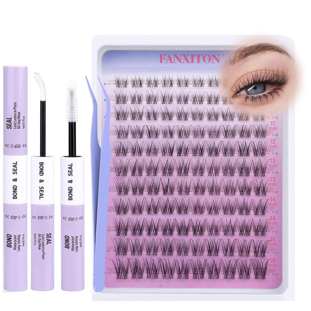 Wispy Natural Eyelash Clusters Kit 8-16mm D Lash Clusters DIY Lash Extension Kit Thin Lash Band with Bond and Seal, Tweezers Lash Clusters Kit