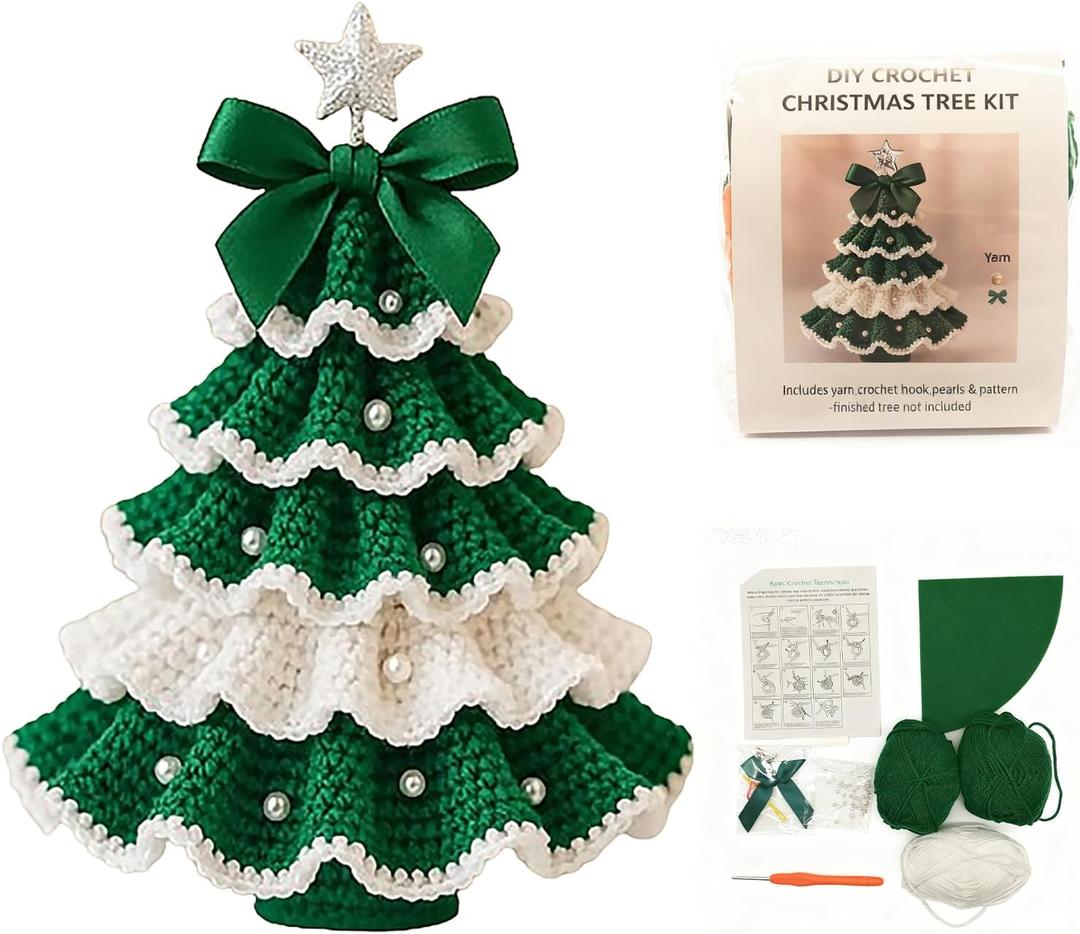 DIY Crochet Christmas Tree Kit – Handmade Holiday Decoration Set, Parent-child activities craft kit, Tree Bow Pearl Embellishment, Cross-stitch by hand, Festive decorations (Multicolour) (Green & White)