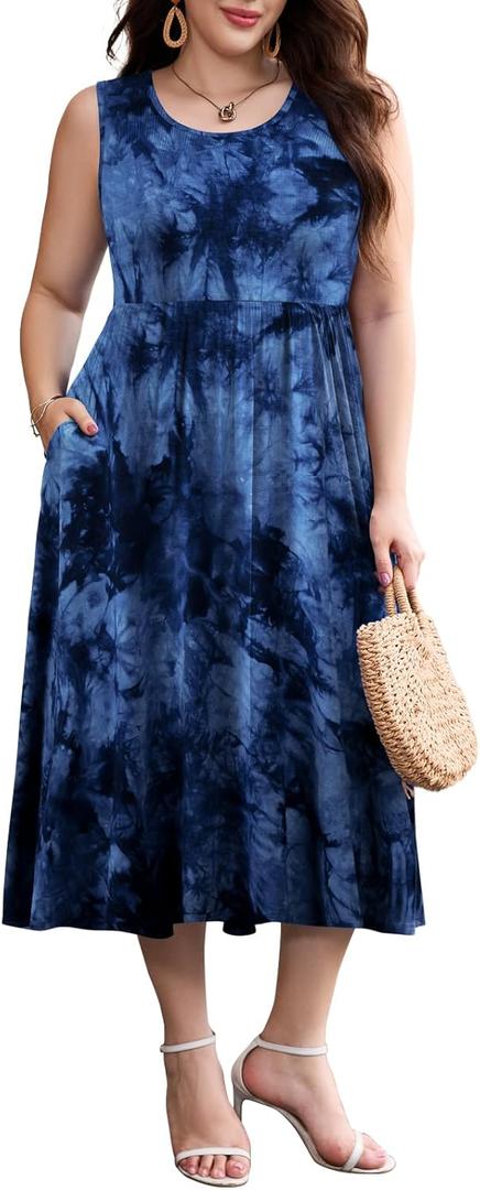 LARACE Women's Plus Size Sleeveless Maxi Dress Casual Crew Neck Pleated Flowy Long Dresses with Pockets L-5XL